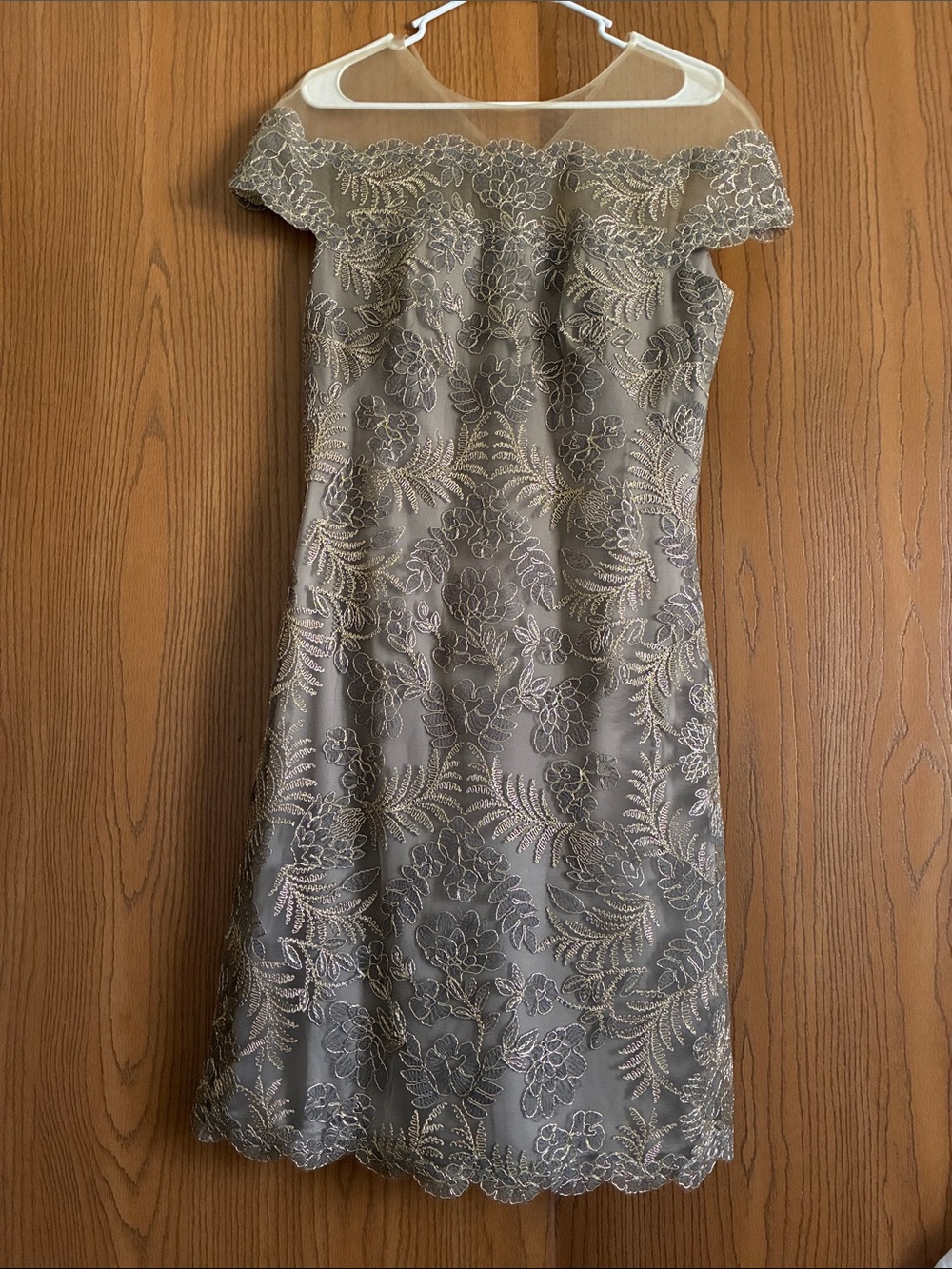 Tadashi Shoji Taupe Lace Midi Dress with Illusion Yoke